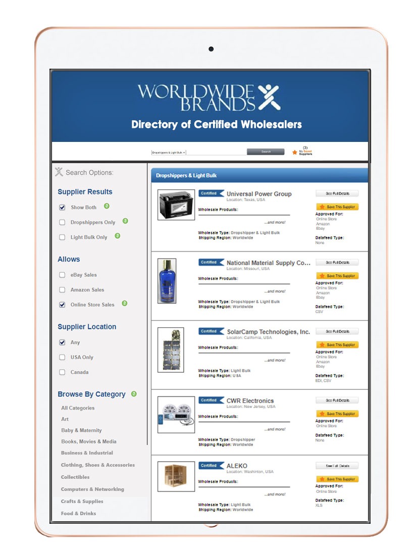 Mobile Device displaying the Worldwide Brands Wholesaler Directory free Preview. (2)