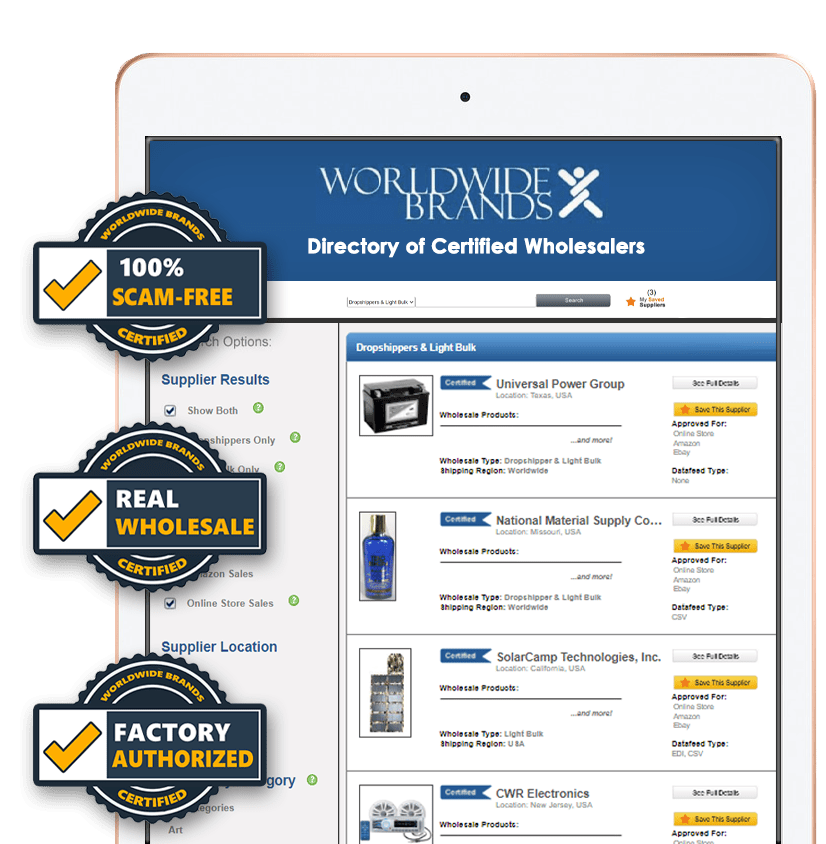iPad displaying Worldwide Brands wholesaler directory free preview interface